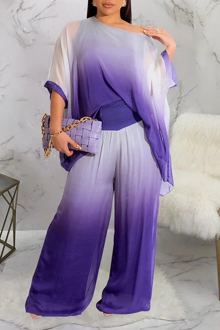 Xpluswear Plus Size Purple Daily Gradient Long Sleeve Two Pieces Pants Set 