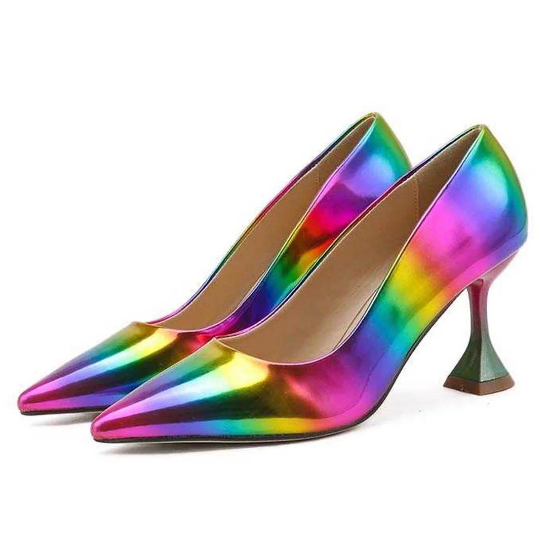 Rainbow Vegan Leather Flared Heel Pointed Toe Trendy Pumps for Women