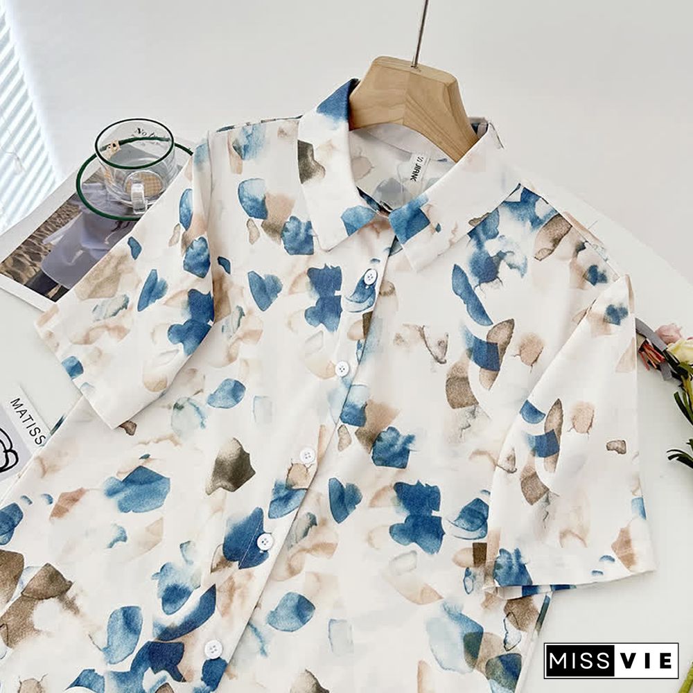 Cartoon Print Lapel Short Sleeve Loose Shirt