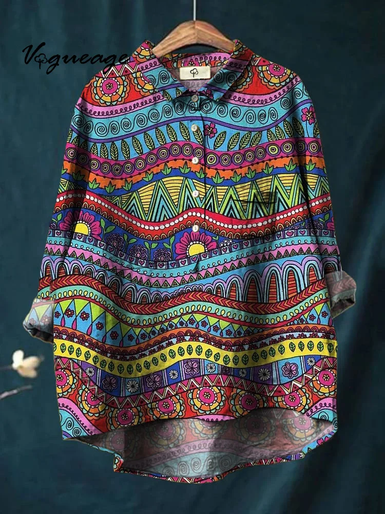 Stripe Spot Stitching Ethnic Style Printed Cotton And Linen Shirt