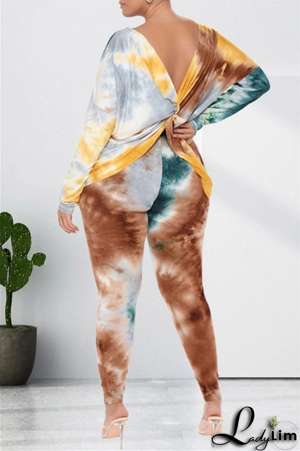 Light Coffee Fashion Casual Print Tie Dye Backless O Neck Long Sleeve Two Pieces