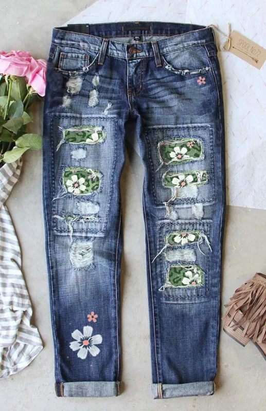 Women's Long Ripped Printed Casual Jeans Flusfy