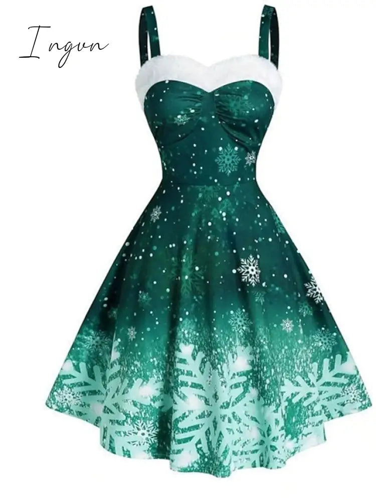 Ingvn - Women’s Christmas Swing Dress Slip Midi Green Blue Purple Red Black Sleeveless Snowflake