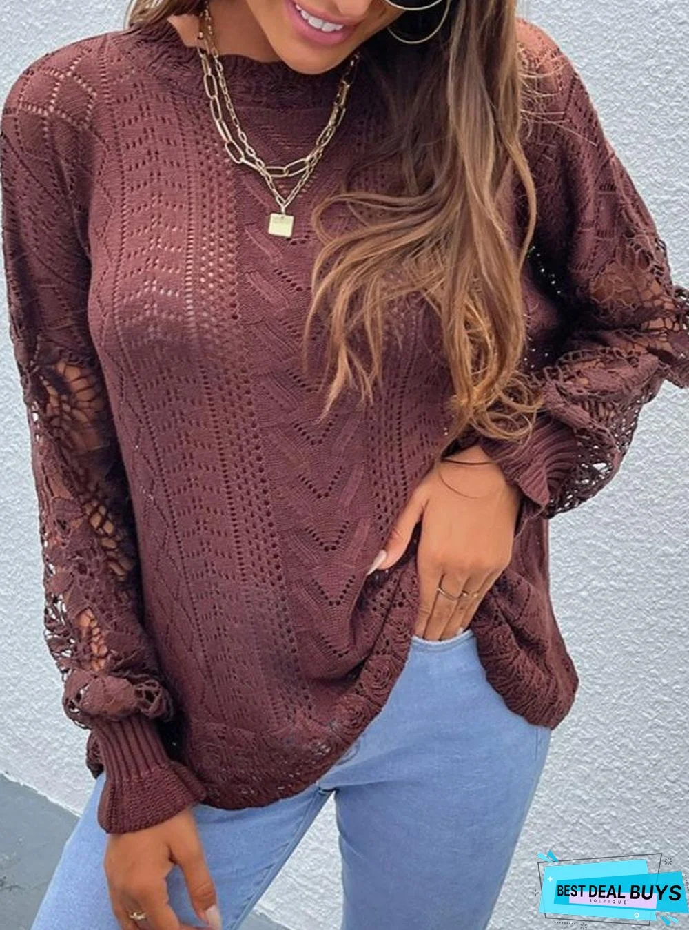 Fashion Solid Color All-Match Lace Stitching Sweater