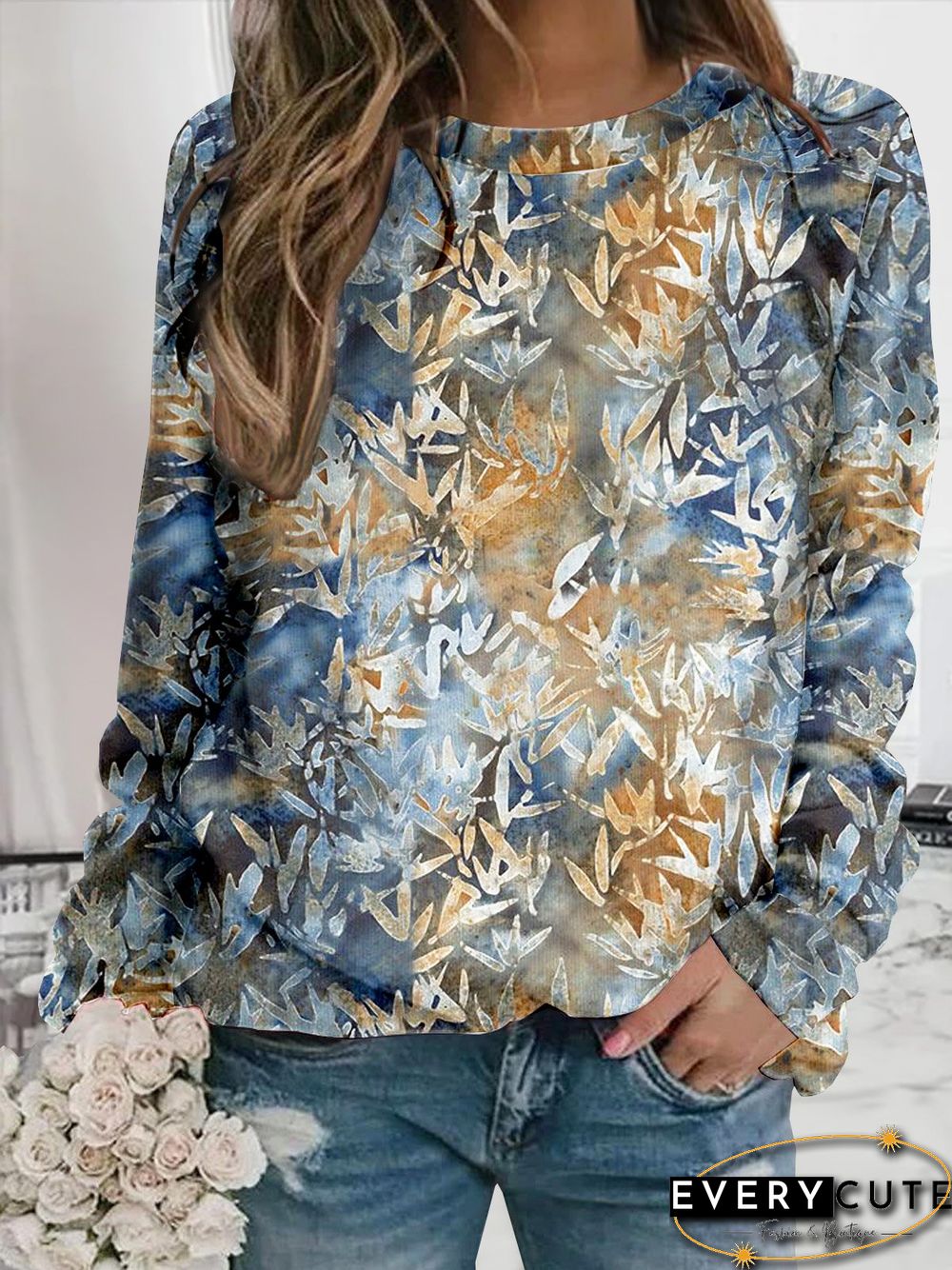 Casual Leaf Autumn Polyester Loose Long sleeve Crew Neck H-Line Regular Size Sweatshirts for Women