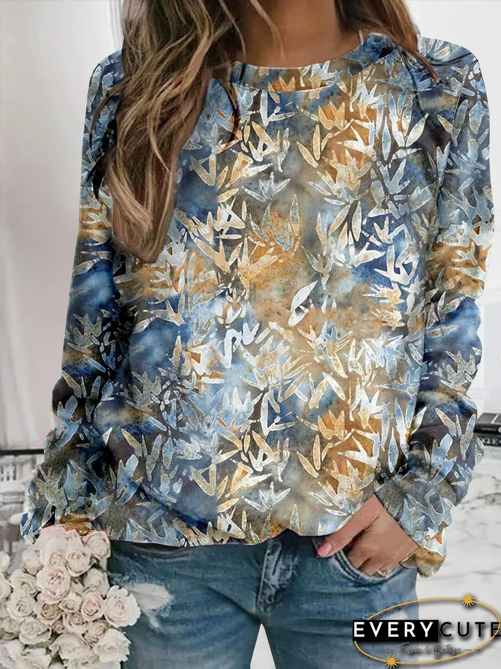 Casual Leaf Autumn Polyester Loose Long sleeve Crew Neck H-Line Regular Size Sweatshirts for Women