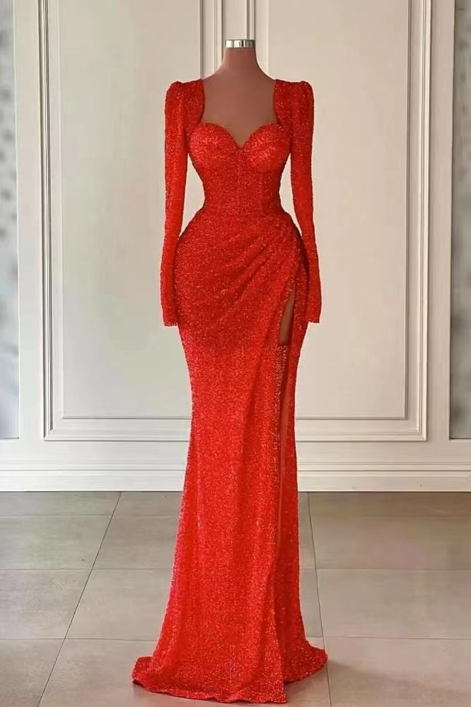 Daisda Red Long Sleeves Sweetheart Sequins Mermaid Evening Dress With Split