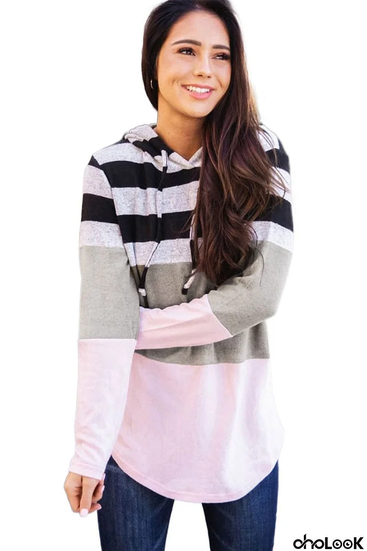 Striped Color Block Drawstring Hoodie