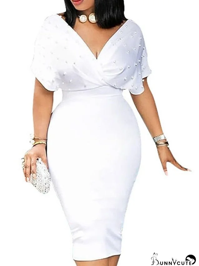 Plus Size Easter Dress Work Dress Pure Color V Neck Short Sleeve Spring Fall Work Knee Length Dress Work Dress for Women