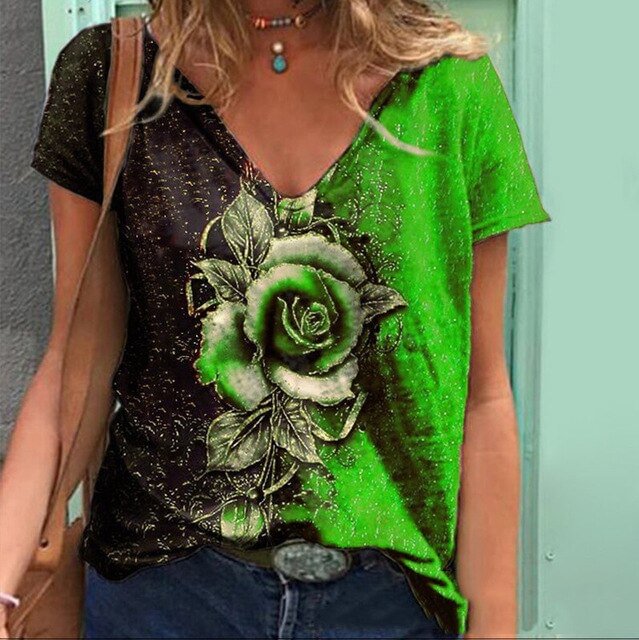 Summer Rose Print T-Shirts Women Casual V-Neck Short Sleeve Loose Tee Shirt Female 2021 Fashion Street Hipster Pullover Tops