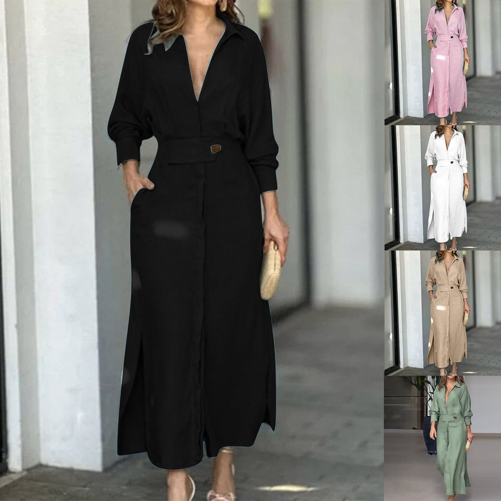 Women Solid Split Long Sleeve With Pockets Streetwear Maxi Dresses