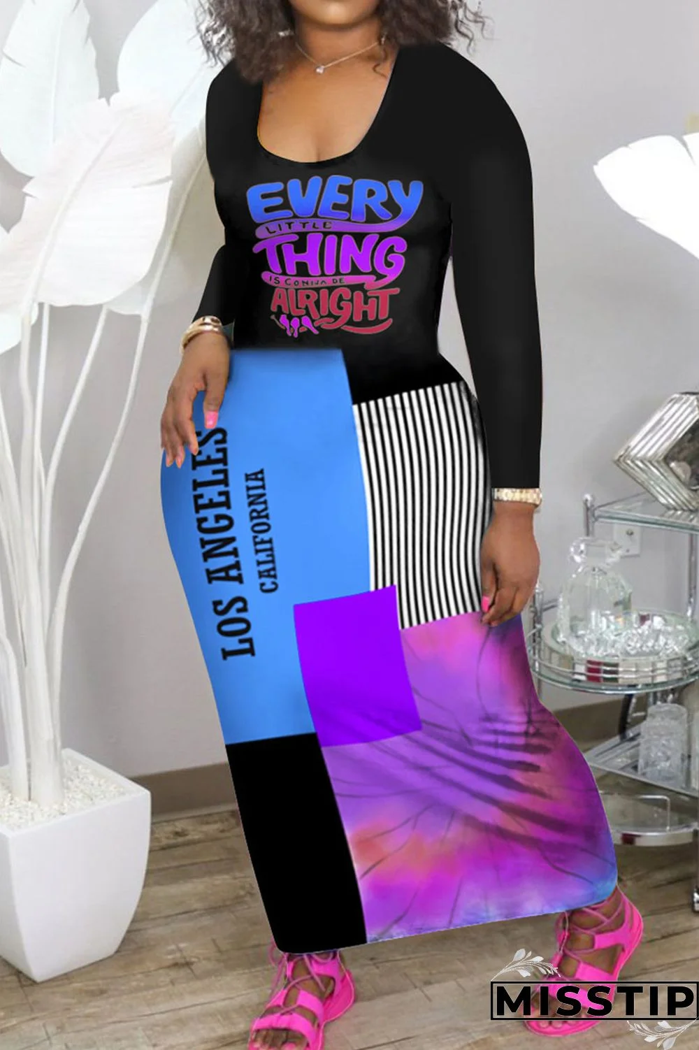 Blue Purple Casual Print Patchwork U Neck Long Sleeve Dresses