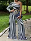 Stylish Striped Belted One-Shoulder Wide Leg Jumpsuit
