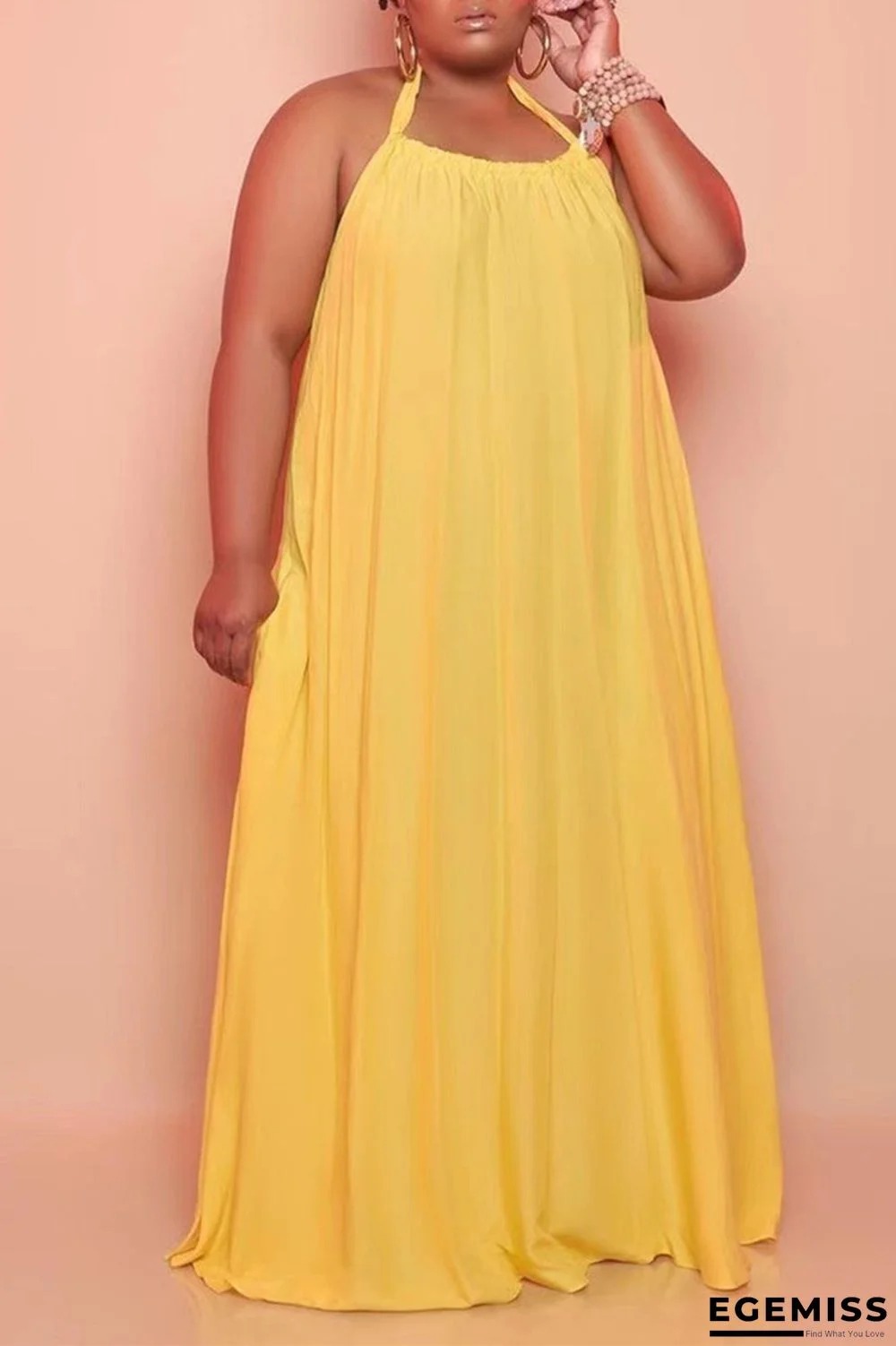Yellow Sexy Casual Plus Size Solid Backless Halter Sleeveless Dress | EGEMISS