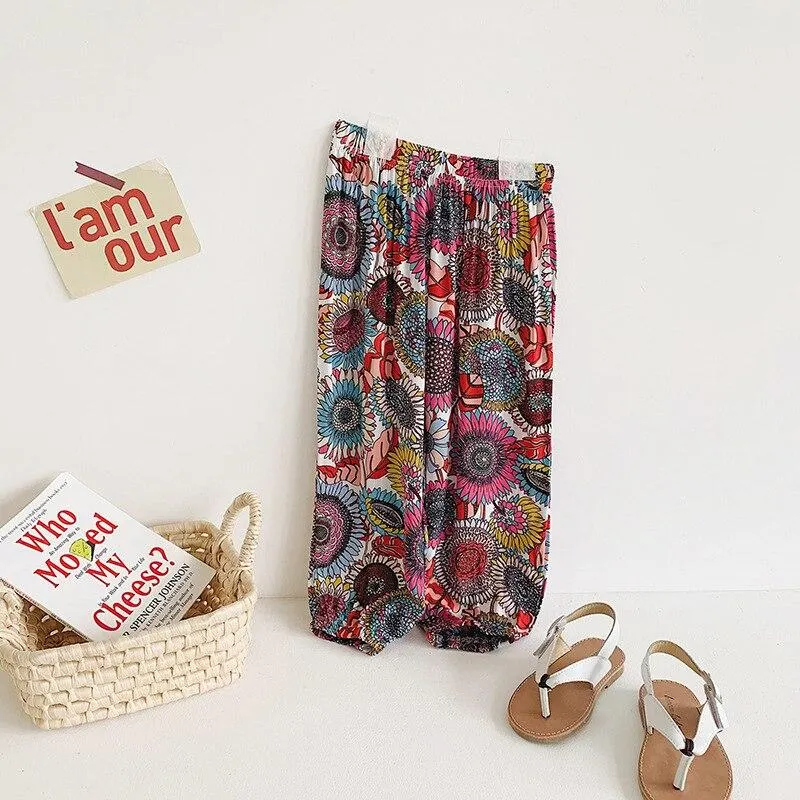 2-8T  Flower Print Pant For Girls Toddler Kid baby Clothes Spring Summer Loose Floral Elegant Cute Sweet Cotton Beach Trousers