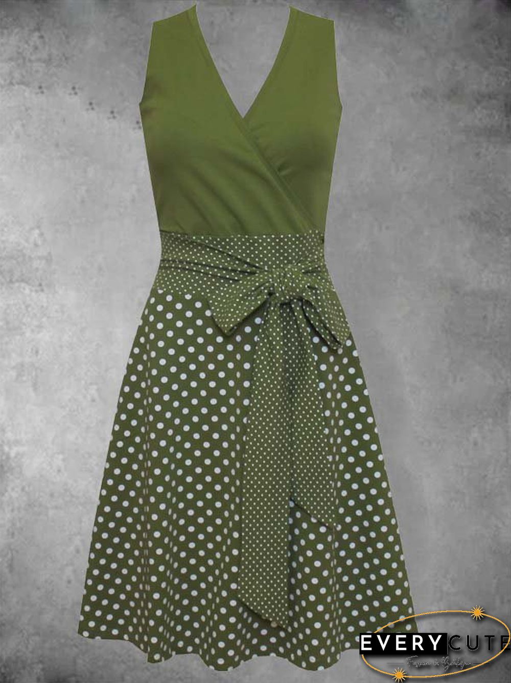 Cotton-Blend Casual V Neck Polka Dots Knitting Dress