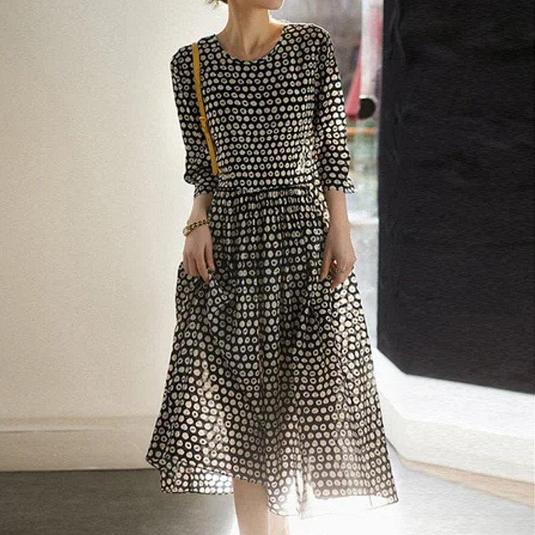 Navyblue Swing Printed 3/4 Sleeve Silk-Chiffon Dresses QueenFunky