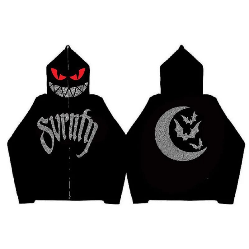 Bayuyun costumes for womens carnival Retro Rhinestone Graphics Hoodies Y2K Women Gothic Black Zip Up Oversized Sweatshirts Female Harajuku Hooded Jacket Streetwear