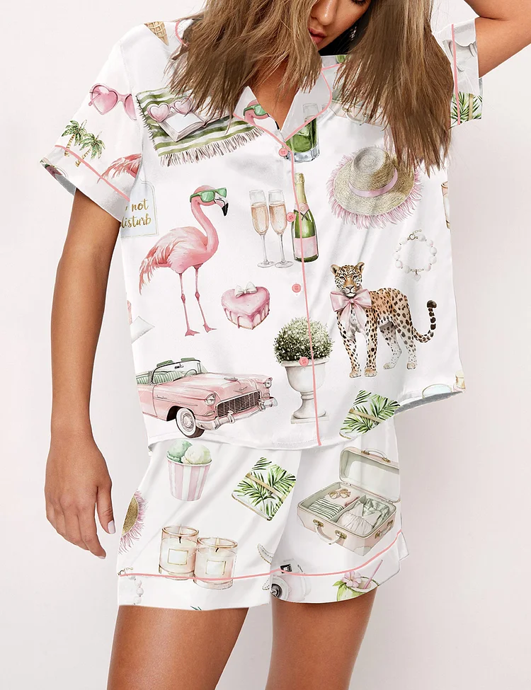 Women&rsquo;s Watercolor Palm Club Summer Miami Beach Vacation Print Short Sleeve Satin Pajama Set