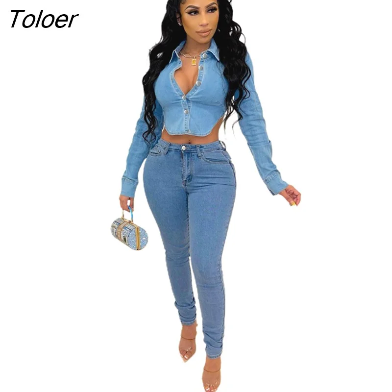 Toloer Turn Down Collar Button Blue Denim Jacket Backless Sexy Jeans Lace Up Short Jacket Shirt Womwn Autumn Clothing Street