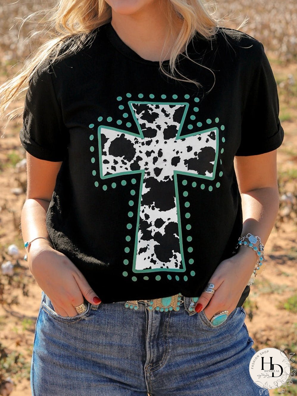 Cow Spots Cross Graphic Tee - Western Vibes