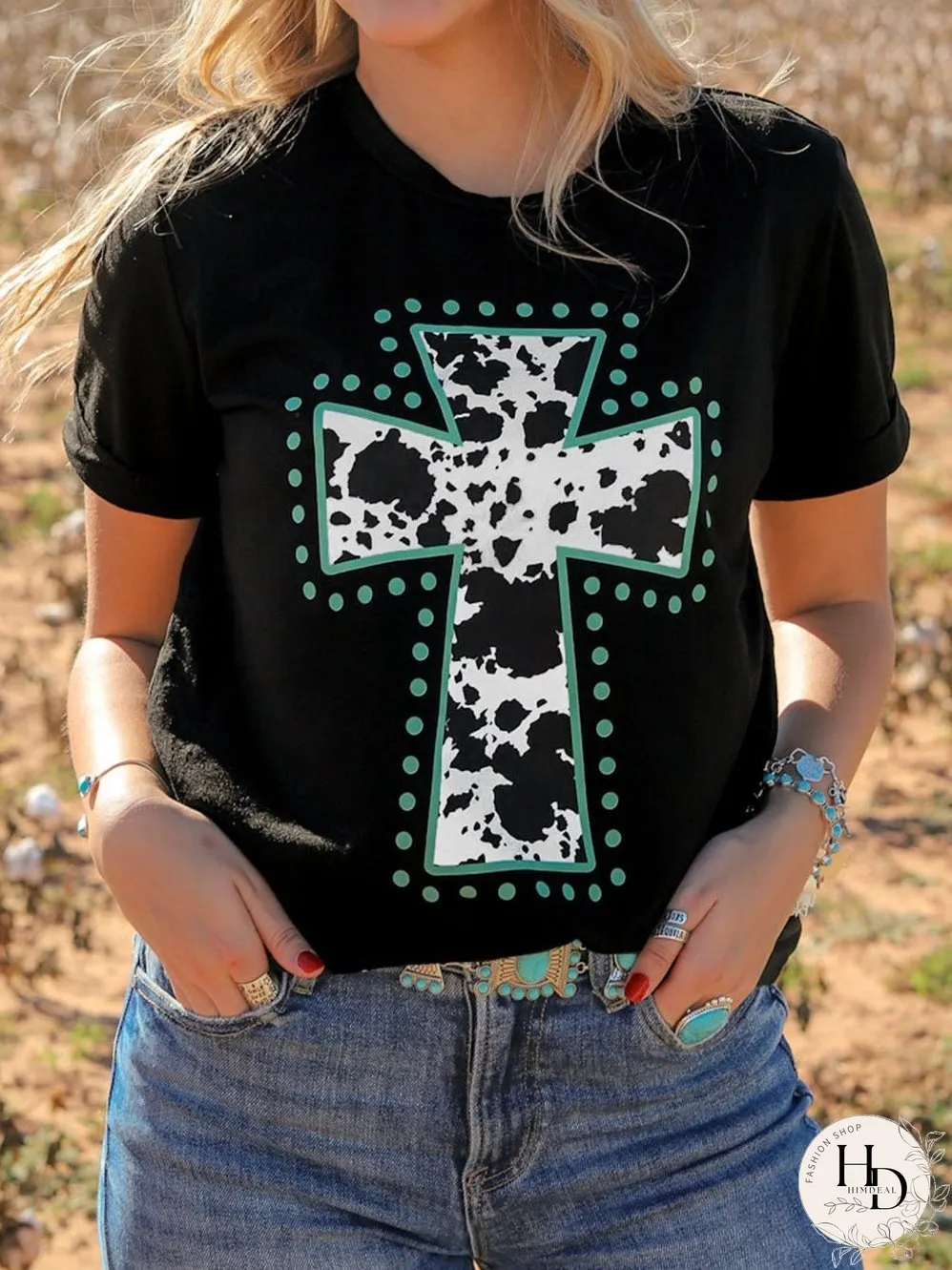 Cow Spots Cross Graphic Tee - Western Vibes