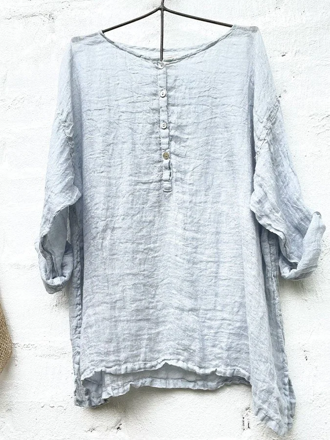 Casual Solid Button Neck Long Sleeve Top
