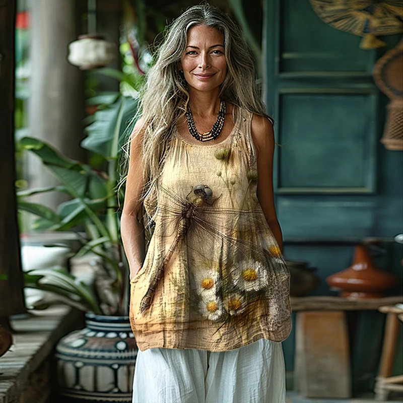 Women's Vintage Butterfly Floral Art Cotton And Linen Vest