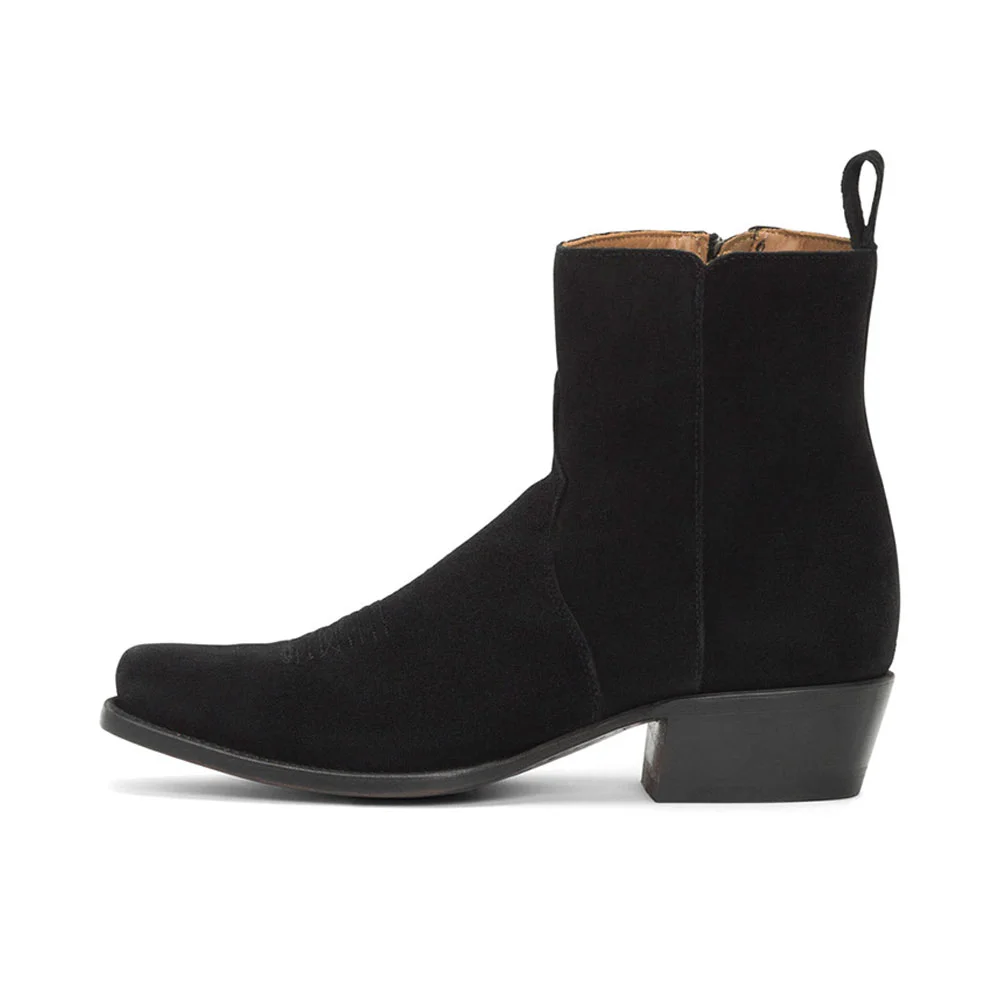 Black Vegan Suede Chunky Heel Square Toe Zipper Booties for Women