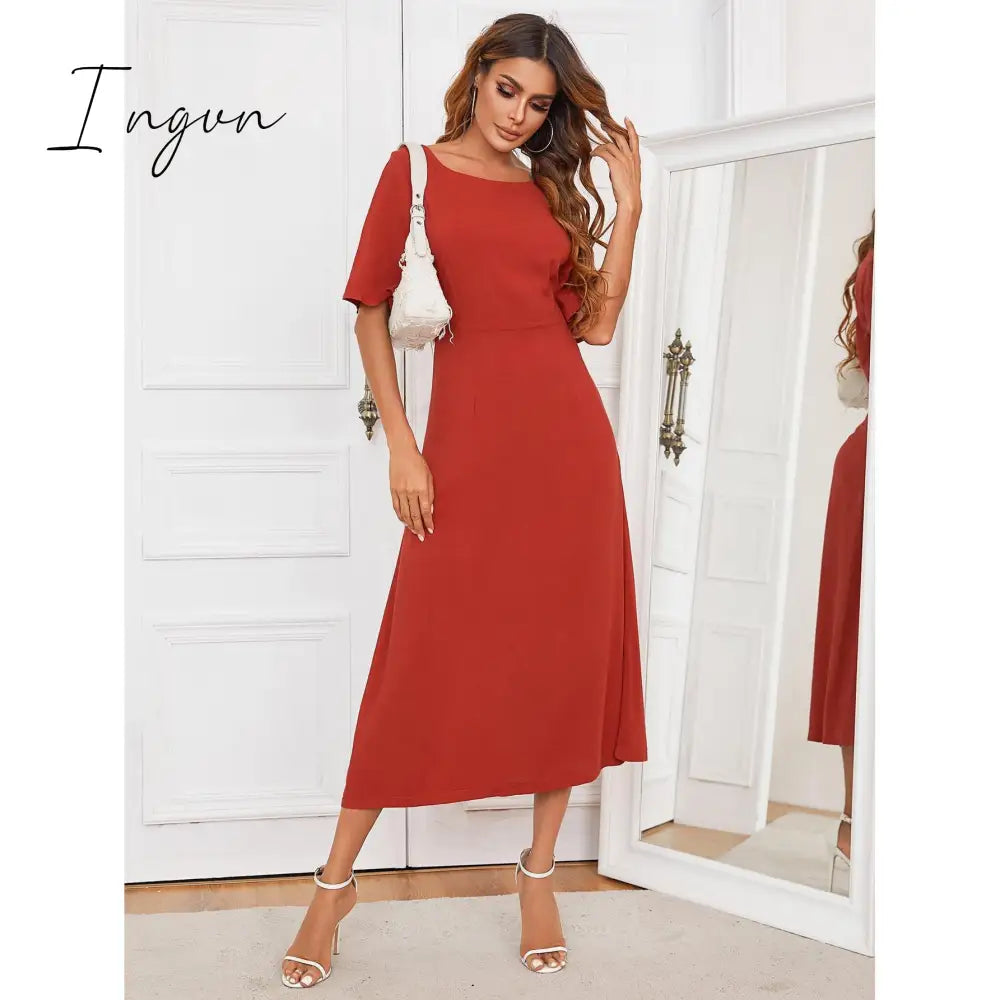 Ingvn - Hot Women’s European And American Round Neck Solid Color Long Dress Rm85 - Brickred / S