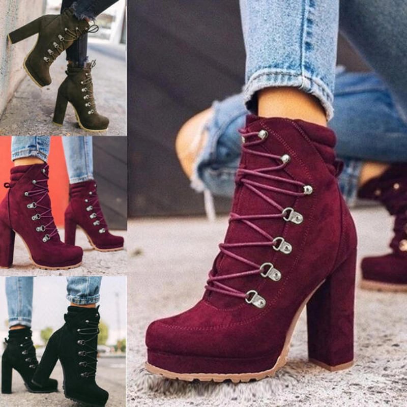 Qengg New Women's Martin Boots Fashion Lace-up Rivets Chunky High Heels Solid Casual Platform Comfort Ankle Boots Bota De Inverno