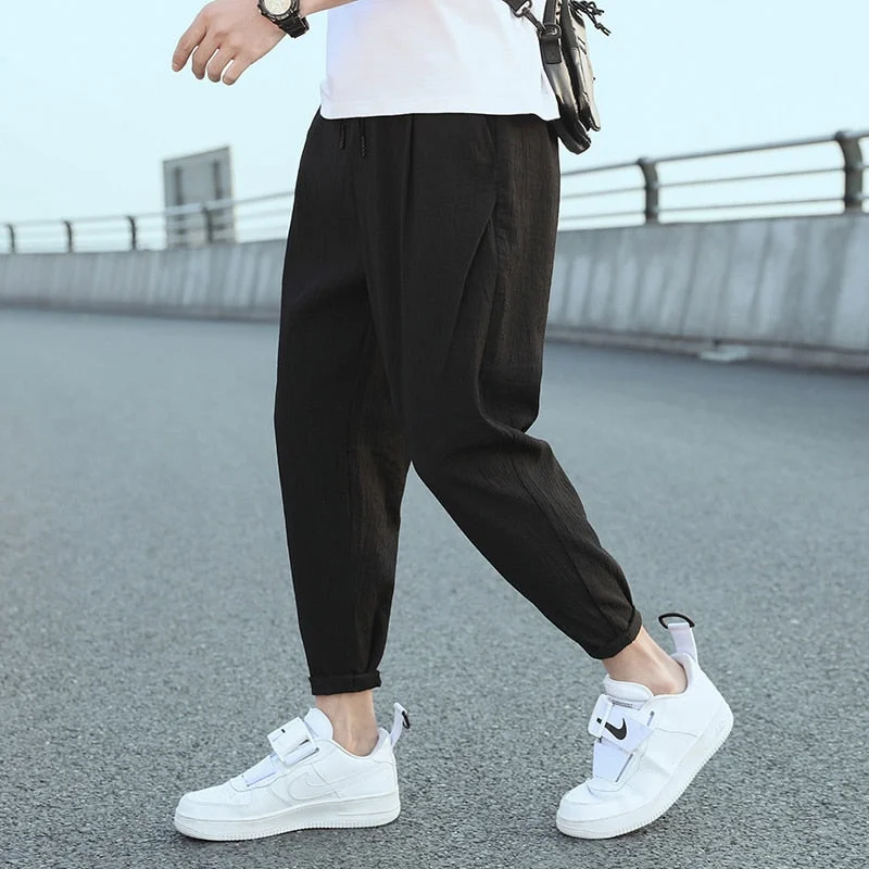 Privathinker Casual Cropped Men Pants Casual Baggy Harem Pants Solid Color Elastic Waist Trousers Vintage Fashion Men's Clothing