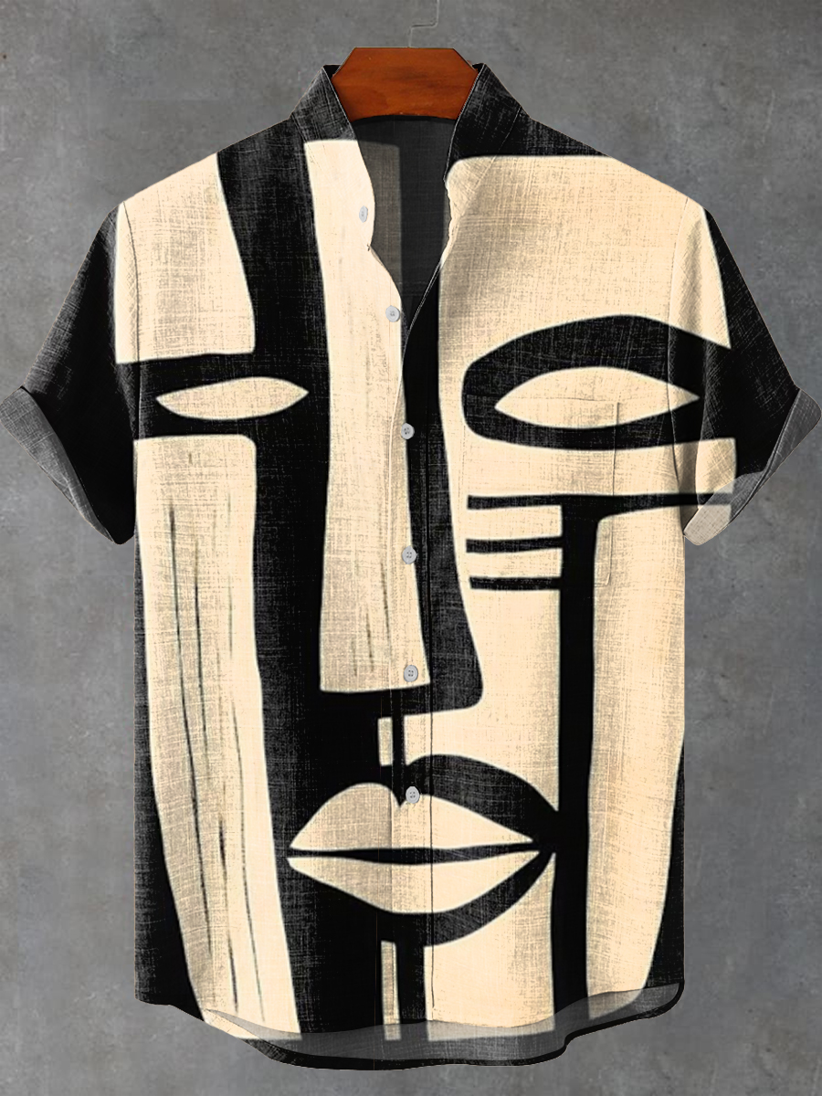 Vintage Abstract African Geometric Face Painting Art Print Casual 100% Cotton Shirt
