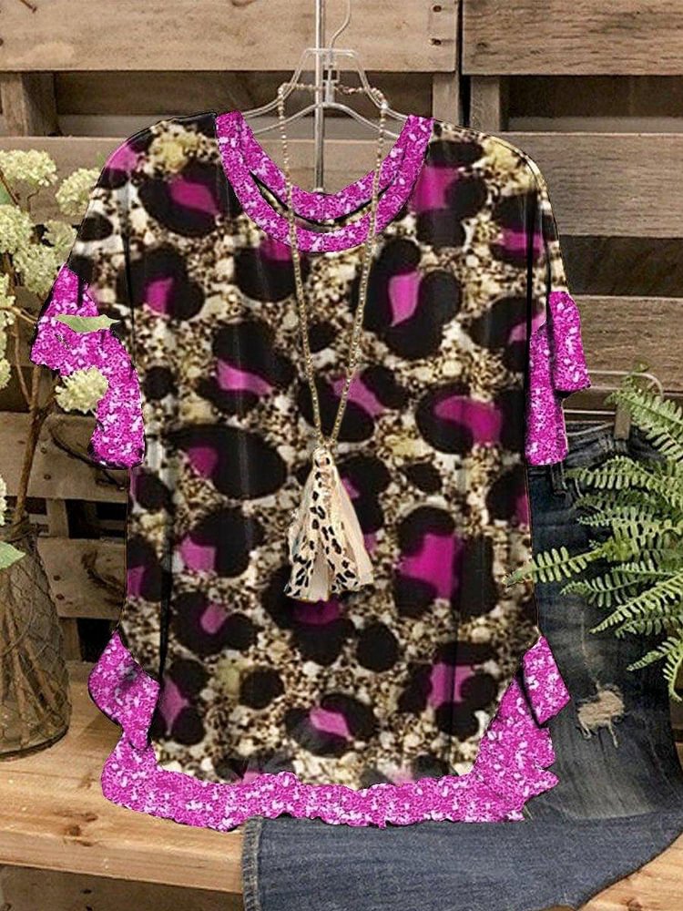 Women's Summer New Round Neck Rose Red Leopard Print Loose Short Sleeve Top