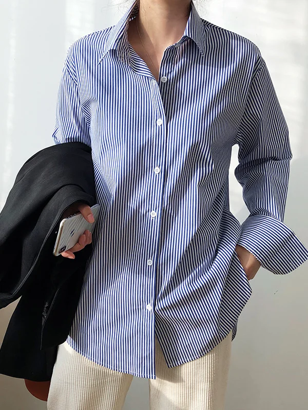 Urban Roomy Striped Lapel Collar Blouses&Shirts Tops