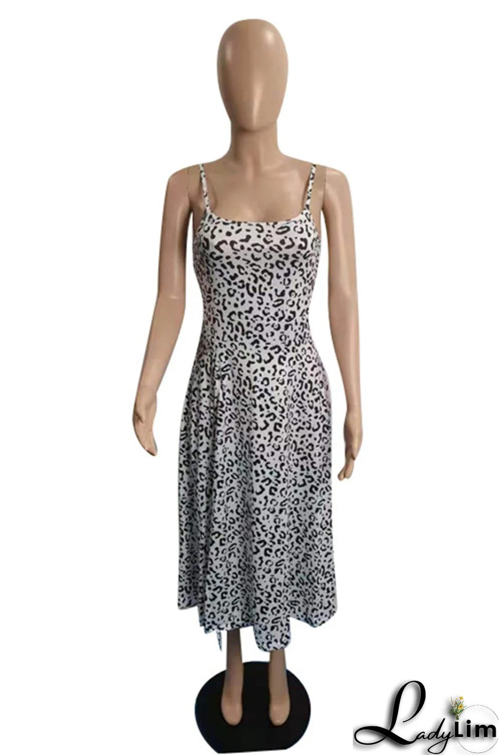 Deep Blue Fashion Sexy Print Backless Slit Square Collar Sling Dress