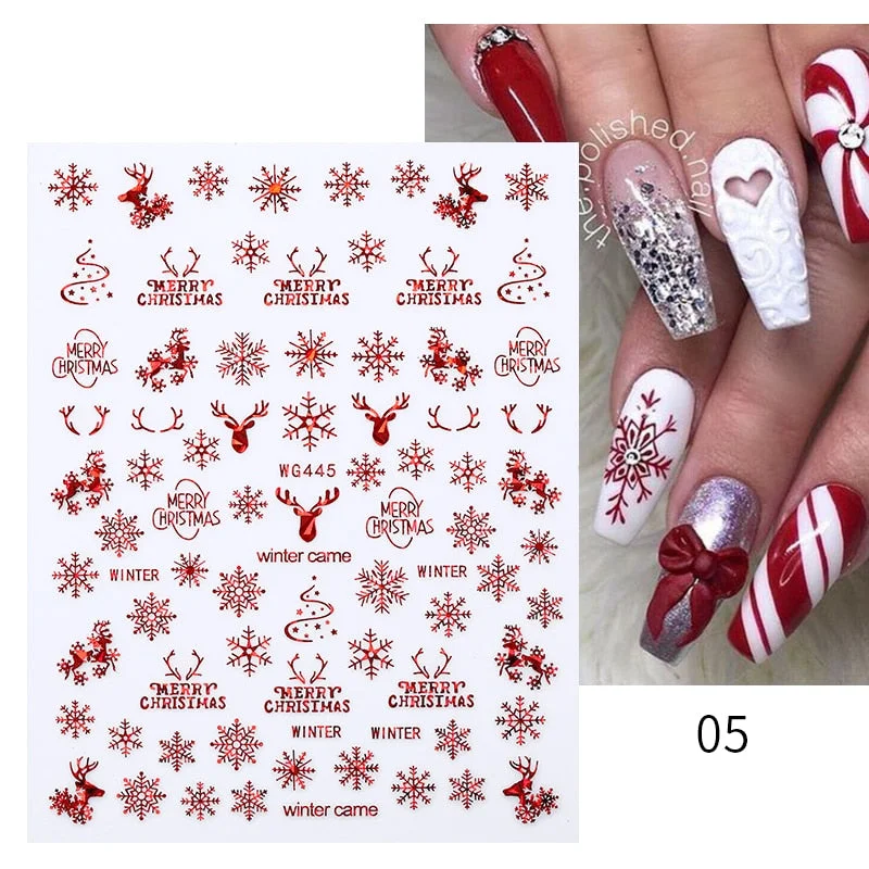 Winter Xmas Nail Art Sticker Gold Sliver Red 3D Bronzing Christmas Elk Santa Snowflake Rabbit Cartoon Slider Design Polish Decor-Nail Inspo
