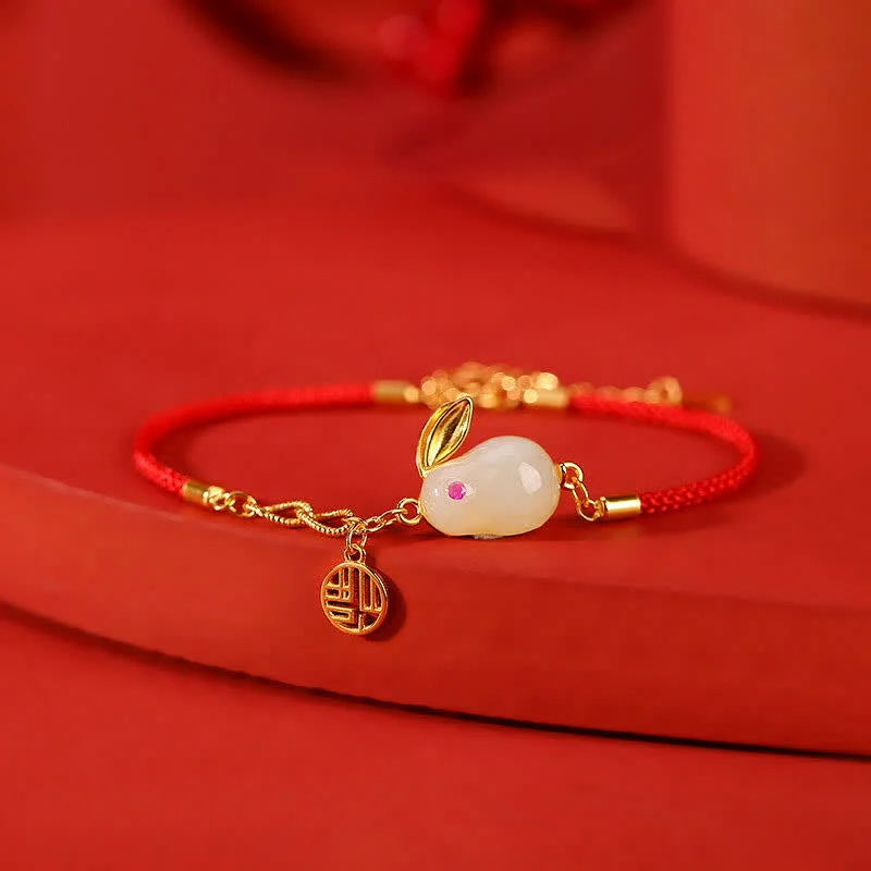 925 Sterling Silver Hetian White Jade Luck Blessing Red String Bracelet