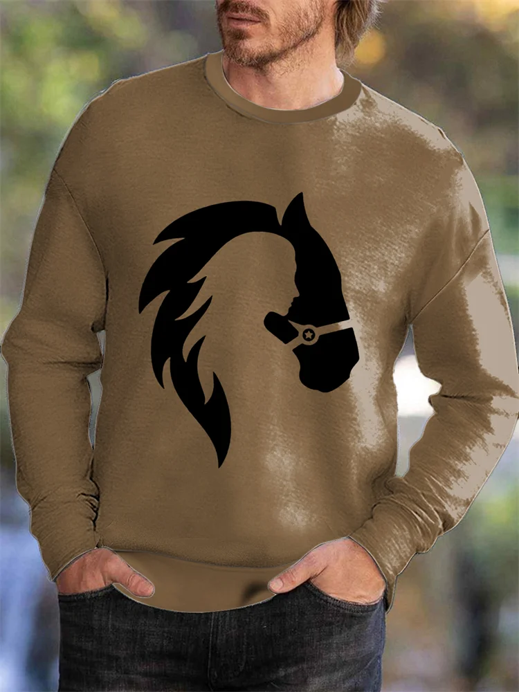 Men's Western Horse Print Solid Sweatshirt