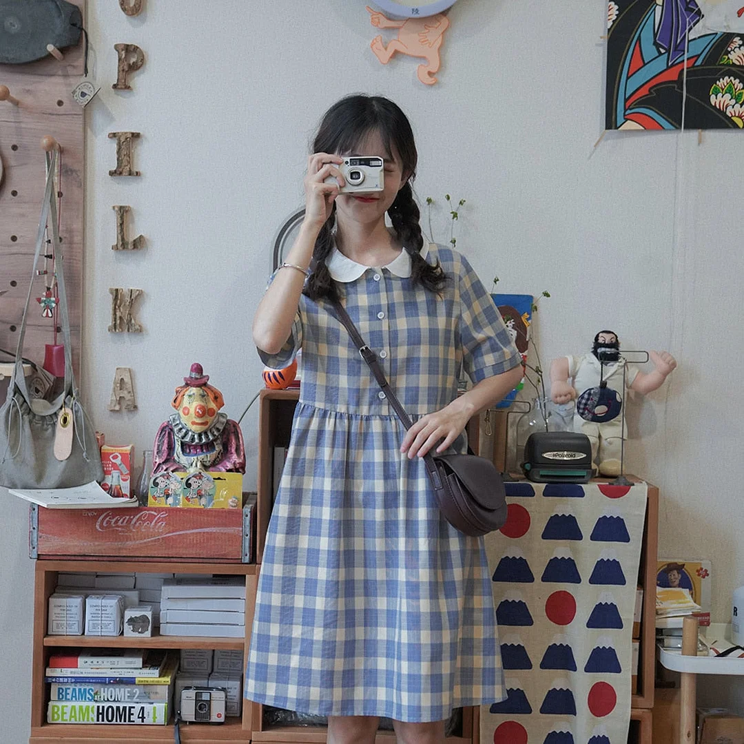 Short Sleeve Dress Women Mini Blue Plaid Peter Pan Collar Korean Preppy Style Sweet Streetwear Lovely Retro Stylish Female Daily