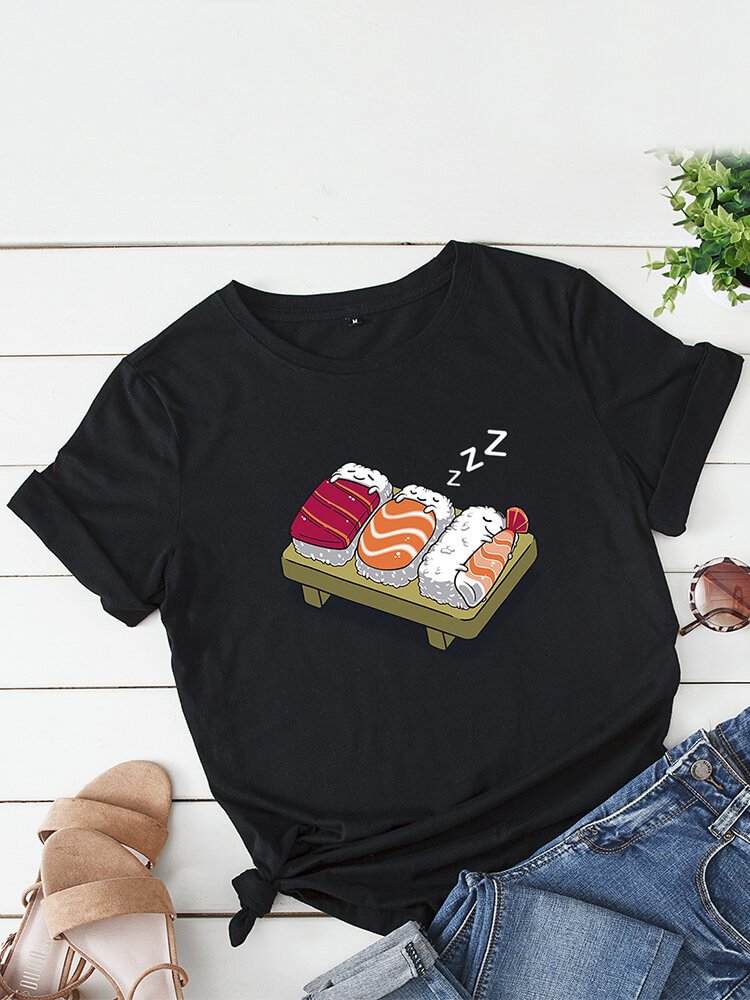 Cartoon Sushi Print Cotton O neck Short Sleeve Loose Casual T shirt P1800176
