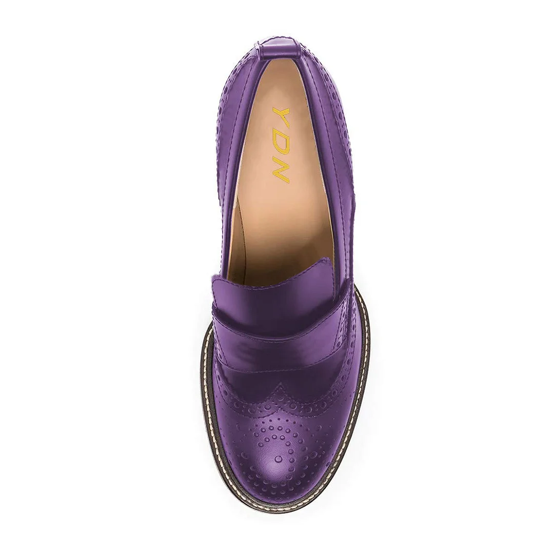 Chic Vegan Leather Round Toe Perforated Loafer Heels in Purple