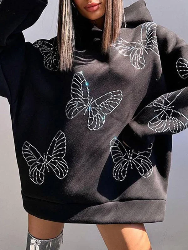 Loose Puff Sleeves Butterfly Print Split-Joint Hooded Hoodies Tops