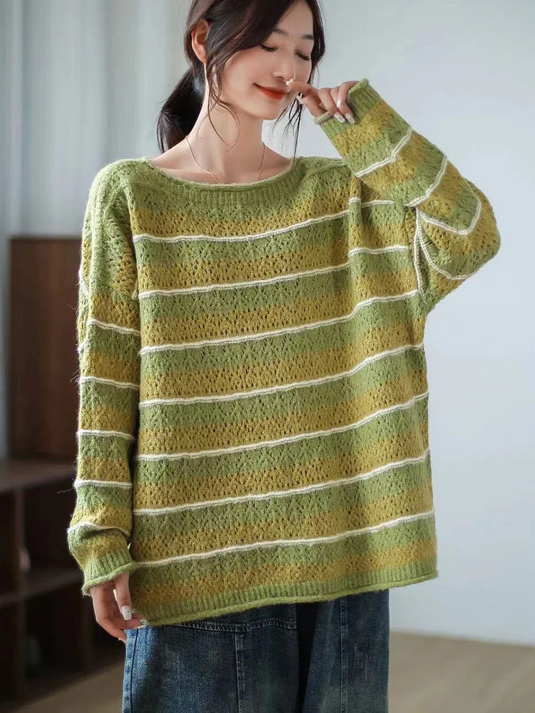 Women Striped Long Sleeve Vintage Loose Sweater