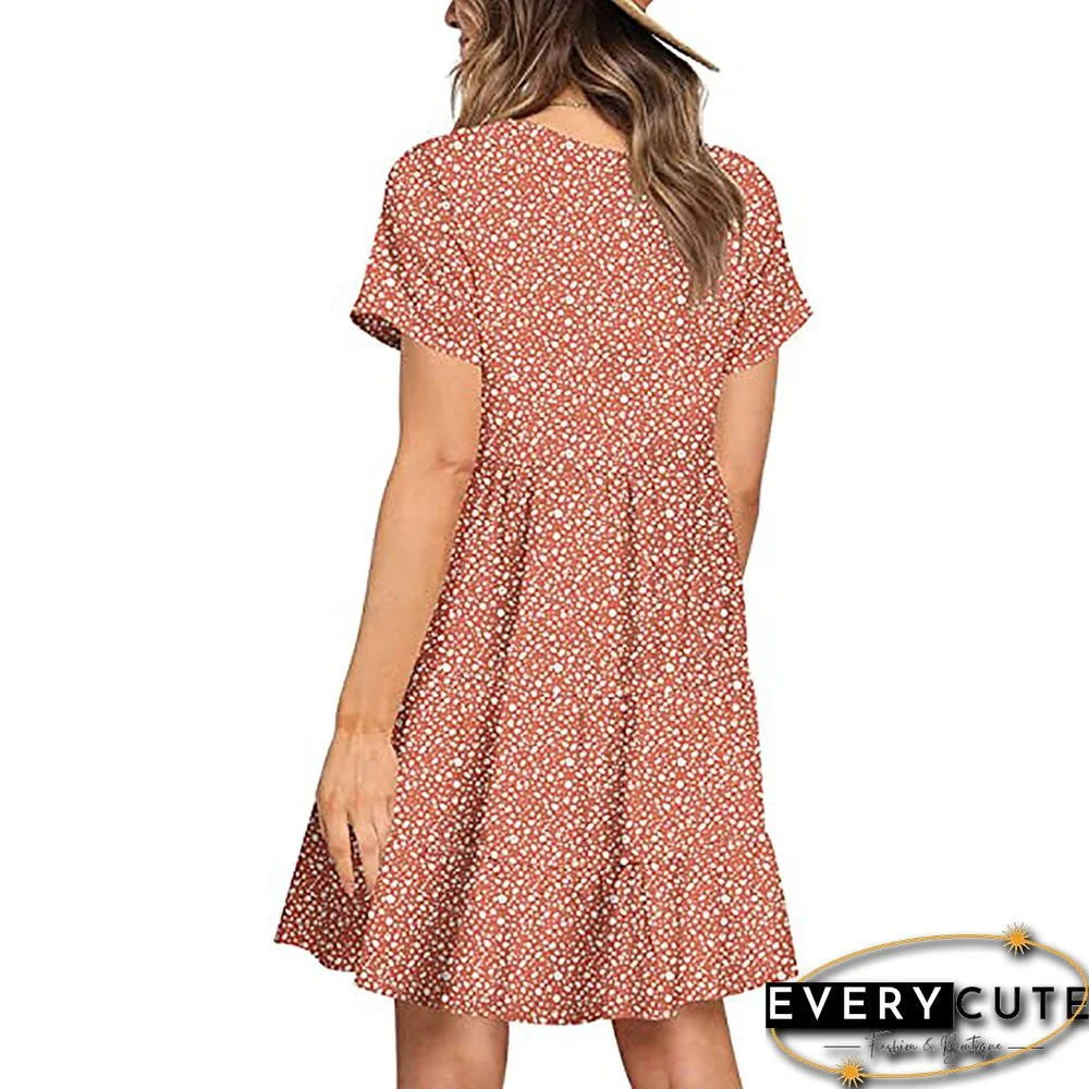 Orange Pink V Neckline Short Sleeve Poacket Mini Dress