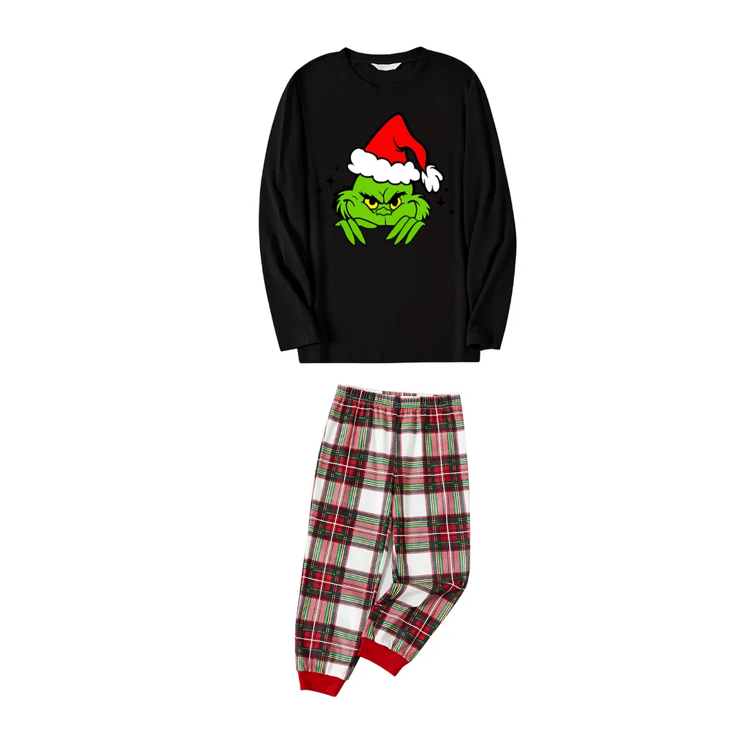 Christmas Cartoon Print Black Long Sleeve Top with Red & White & Green Plaid Family Matching Pajamas