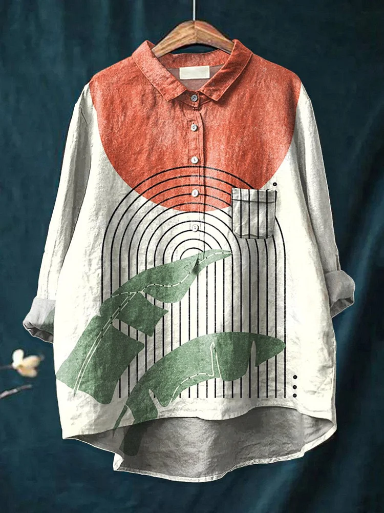 Women's  Abstract Geometric  Art  Print Casual Cotton And Linen Shirt