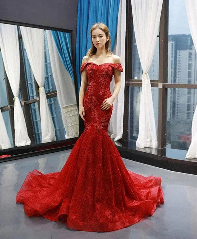 Burgundy Off Shoulder Tulle Lace Mermaid Long Prom Dress