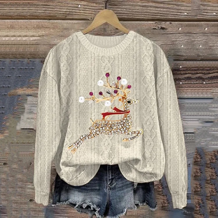 Comstylish Women's Vintage Christmas Reindeer Print Crewneck Sweatshirt