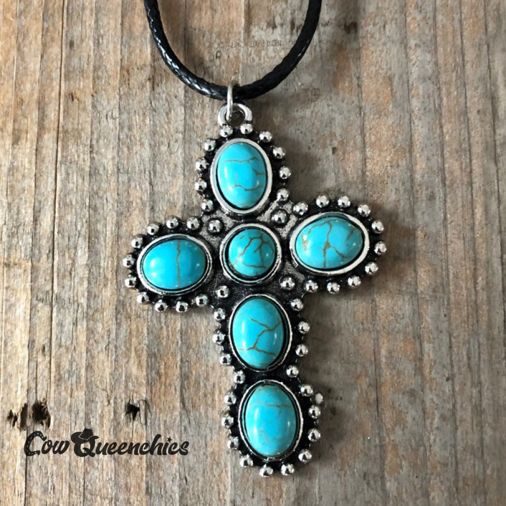 Vintage Turquoise Cross Necklace Silver / One-Size